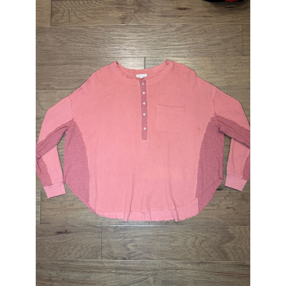 AEMI + CO Pink Gauze Waffle Knit Henley Top Oversized Mixed Media‎ 8108AK Medium